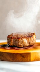 Tender steak perfectly grilled on a cutting board, releasing steam that enhances the appetizing appearance, ideal for BBQ lovers and culinary enthusiasts
