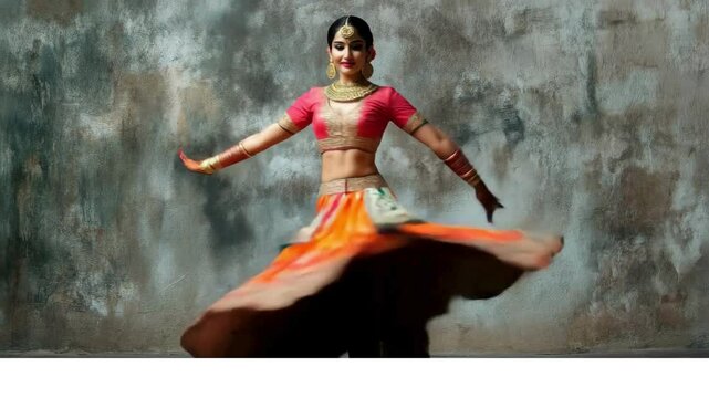 A stunning Indian dancer performing a traditional Kathak dance, dressed in an ornate, colorful lehenga choli with intricate gold embroidery