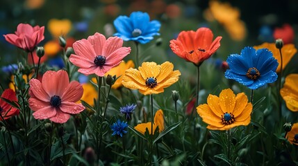 Vibrant colorful flowers in full bloom after rain.