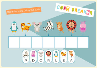 Animals activities for kids. Read the hidden word using the code – penguin. Logic games for children. Vector illustration. Flash card.