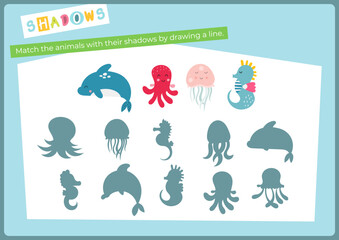 Animals activities for kids. Find the correct shadow for sea animals. Vector illustration. Game for Activity Book Flash card. Matching Game to boost attention and focus.