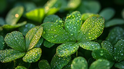 Dew-covered clover leaves close-up.