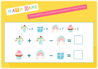 Activities for kids. Solve arithmetic problems using the key. Vector illustration. Flash card. Math game for learning counting. Game for activity book.