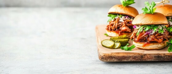Savory pulled pork sliders piled high with fresh toppings on a rustic wooden platter, perfect for summer cookouts, parties, and casual dining experiences