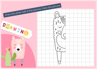 Cute animals activities for kids. Finish the picture – llama. Logic games for children. Flash card Coloring page. Vector illustration. Game learn the principles of symmetry.