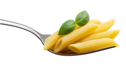 Fork with pasta and a leaf on it. The pasta is yellow and the leaf is green