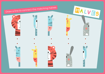Animals activities for kids. Find the correct halves for animals. Vector illustration. Matching game. Flash card for Activity Book.