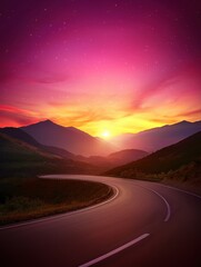 Fototapeta premium A winding road curves through mountains at sunset beneath a vibrant, colorful sky filled with stars.