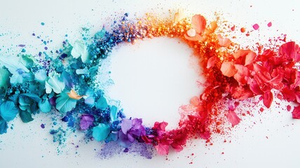 Vibrant red and blue particles swirling, against into circular pattern blending stark white backdrop, visualizing dynamic color interaction