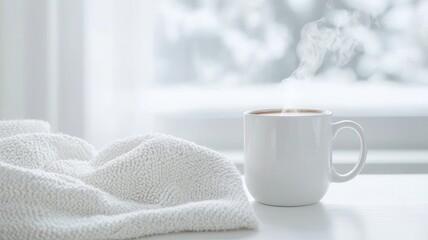 Steaming white mug of coffee sits on a soft, chunky knit blanket by a window, creating a cozy winter morning atmosphere