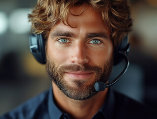 Young white man with beard and headset wearing dark blue shirt, close-up portrait with wavy light brown hair and blue eyes, soft lighting, professional look for call center or marketing use