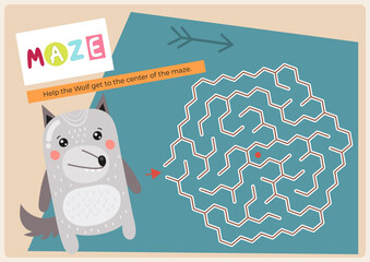Animals Maze game for children. Help Wolf find correct path in maze. Vector illustration. Labyrinth quest for kids. Flash cards format. Page for activity book.