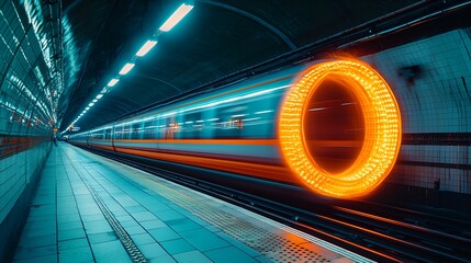 Futuristic subway train speeding through a vibrant tunnel.
