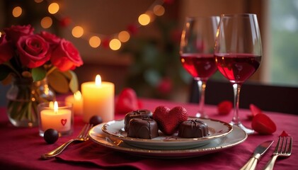 Fototapeta premium Romantic Valentine's Day dinner setting, candles, flowers, chocolates , setting, elegant, occasion