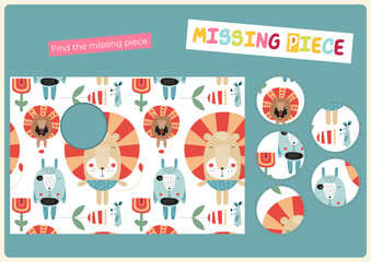 Find the correct  missing piece for picture. Cute animals activities for kids. Vector illustration. Matching game. Flash card for Activity Book.