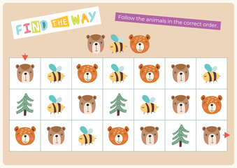 Animals activities for kids. Find the way – follow the animals in the correct order. Maze games for kids. Vector illustration. Flash card format. Page for activity book.