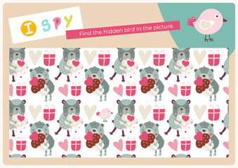 Cute Animals activities for kids. I spy game. Find the hidden bird. Logic games for children. Vector illustration. Game to boost attention and focus. Flash card.