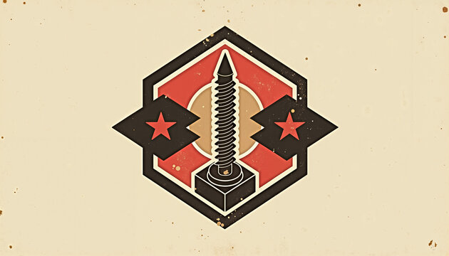 Vintage logo design featuring screw pile with stars and hexagonal shape