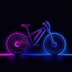 Fototapeta premium Neon-outlined bicycle glowing with vibrant pink and blue lights on a dark background.