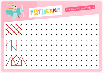 Activity page for kids – continue pattern. Preschool printable game for Activity book Animals. Vector illustration. Flash card. Game to boost handwriting skill.