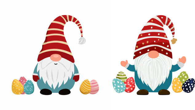 Happy Easter Gnomes design set bundle, Watercolor cute easter gnome with easter eggs isolated on white, Easter basket with vibrant, colorful hand-painted Easter eggs and gnome