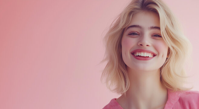 Jovem com cabelos loiros lindamente penteados, sorrindo contra um fundo pastel claro. 