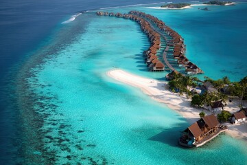 Maldives from above: luxurious overwater homes tracing a graceful arc over shallow turquoise lagoons, surrounded by glowing white sands
