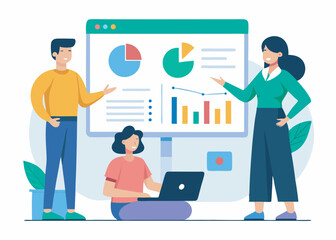 Professional business team presenting data on whiteboard, illustration Concept for presentation, vector on white background