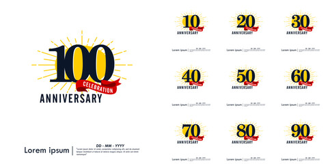 Set of 10-100th years anniversary celebration emblem. congratulations anniversary logo isolated with red ribbon and starburst on white background. vector illustration template design