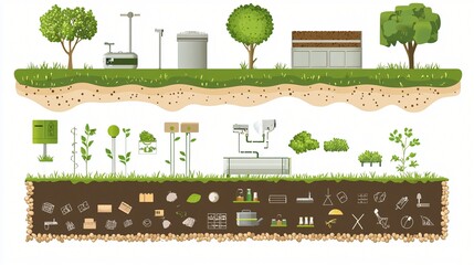 flat vector infographic of organic waste energy cycle, showing kitchen waste transforming into biogas and electricity, labeled components, pastel green and brown palette, clean layout