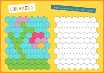 Activities for kids. Copy the picture in mosaic – flower. Logic games for children. Coloring page for activity book. Vector illustration. Flash card.