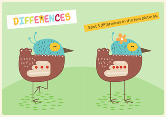 Animals activities for kids. Spot 5 differences in two pictures. Cute Bird. Vector illustration. Activity flash card. Game to boost attention and focus.