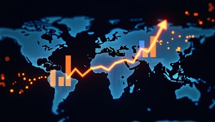 Dynamic financial graph with glowing candlestick bars on a world map, representing market trends, growth, and investment opportunities in the global economy 