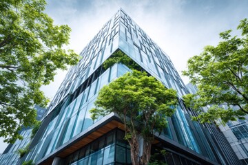 Modern Office Building Exterior with Green Trees Low Angle View in Urban Environment Architecture Design