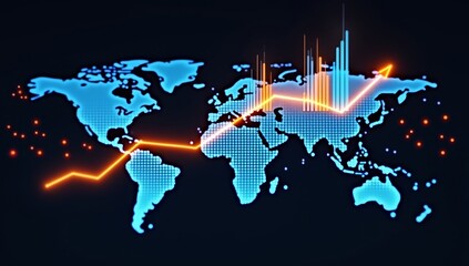 Dynamic financial graph with glowing candlestick bars on a world map, representing market trends, growth, and investment opportunities in the global economy 