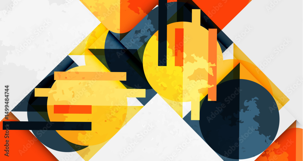Poster Abstract geometric composition. Overlapping shapes, warm colors dominate, textured background creates visual interest. Modern design.