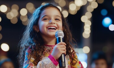 Smiling, curly-haired girl in a colorful top sings with a microphone onstage