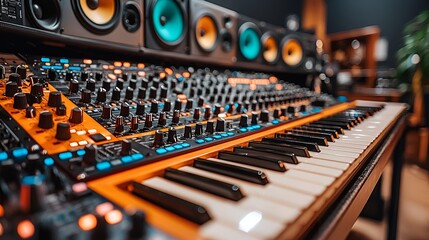 Close-up of an orange synthesizer with keyboard and studio monitors.