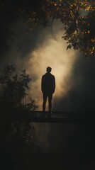 Fototapeta premium A man is standing on a bridge in the dark. He is wearing a black jacket and jeans