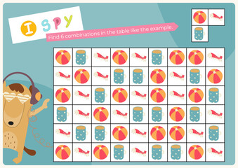 Activities for kids. I spy game. Find the combination with objects in table. Logic games for children. Vector illustration. Game to boost attention and focus. Flash card for activity book.