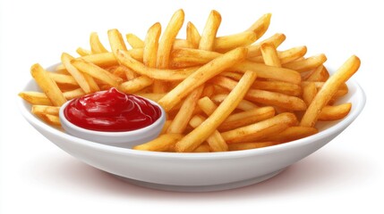 Golden French Fries Served with Ketchup in White Bowl Studio Shot Overhead Angle Appetizing Fast Food Meal