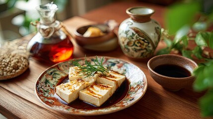Delicious Yudofu Tofu Dish with Tea on Table