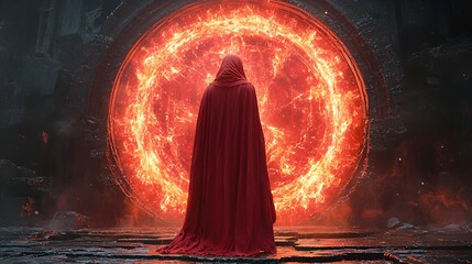 Hooded figure facing fiery portal.