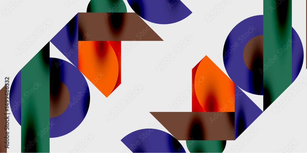 Fototapete Abstract composition. Geometric shapes overlap, creating dynamic visual interplay. Colors include blue, green, orange, brown. Minimalist design.