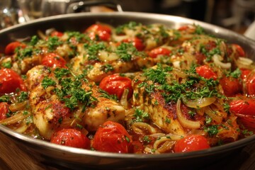 Pan-Seared Chicken Breast with Cherry Tomatoes and Onions in a Skillet Close-Up Food Photography