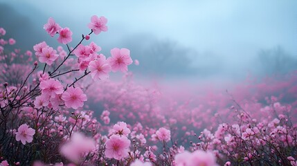 Misty pink flowers in a field.
