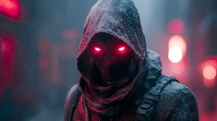 Hooded figure with glowing red eyes in snowy city.
