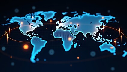 Stylized world map overlaid with glowing orange financial data
