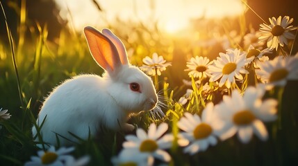 Serenely Hopping Rabbit and Vibrant Daisies at Sunset
