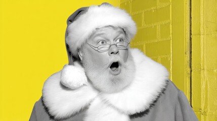 Man dressed as Santa with a surprised expression on his face. The image is in black and white and has a yellow background